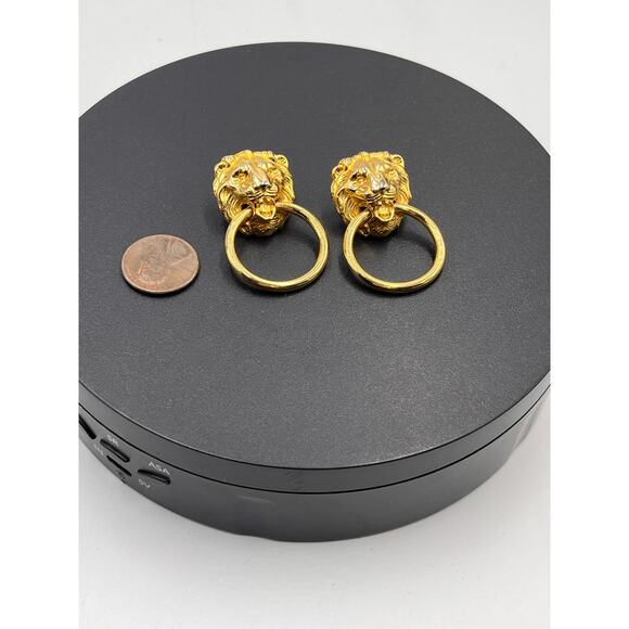 Vintage Lion Head Door Knocker Gold Tone Pierced Dangle Animal Earrings - Picture 5 of 8